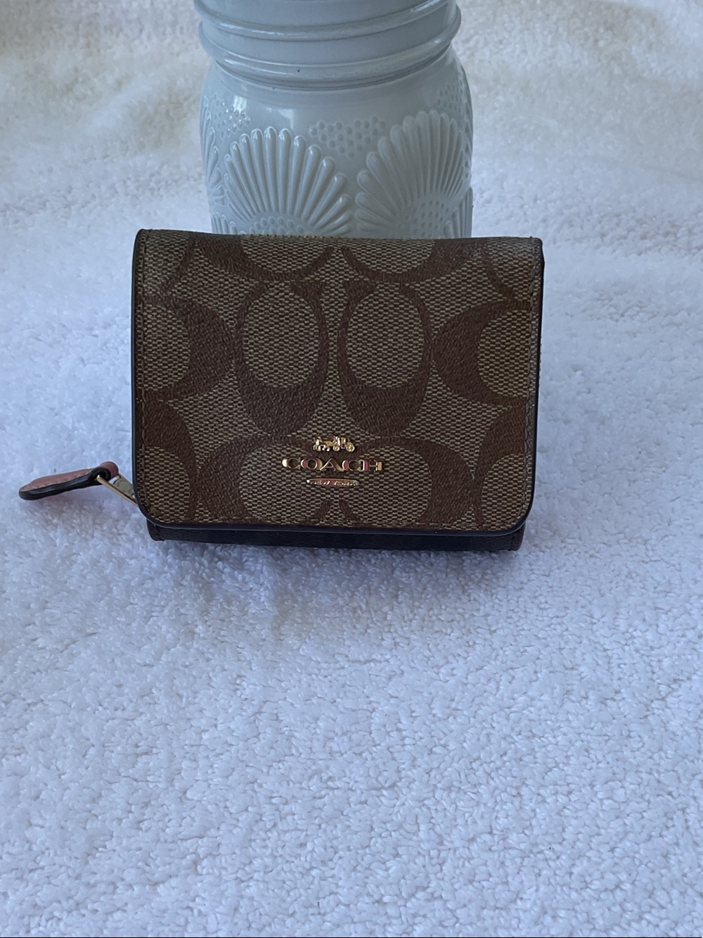 Coach Brown Signature Canvas Compact Wallet with Gold Hardware